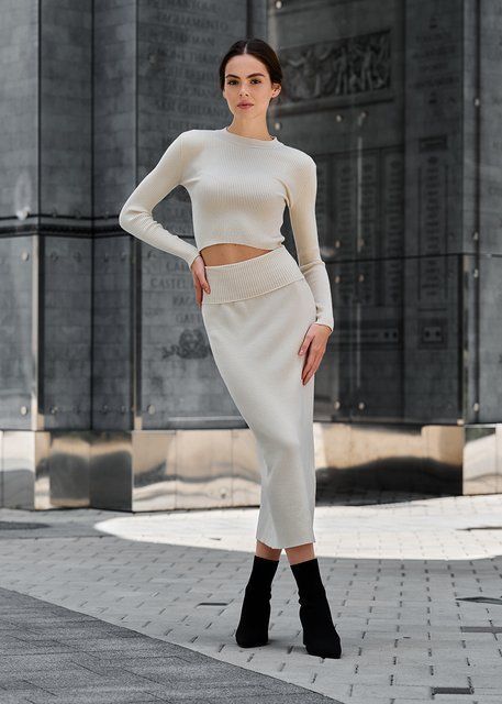 Жіночий в'язаний костюм лонгслів + спідниця Staff beige 9QN0122 фото